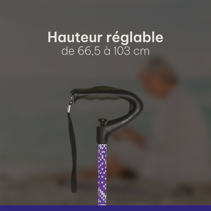 Focus sur la hauteur de la canne Précisa de marque Laboratoires Euromedis, réglable de 66,5 à 103 cm.
