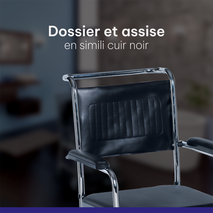 Zoom sur le dossier et l'assise en simili cuir noir du fauteuil garde-robe à roulettes de marque Laboratoires Euromedis
